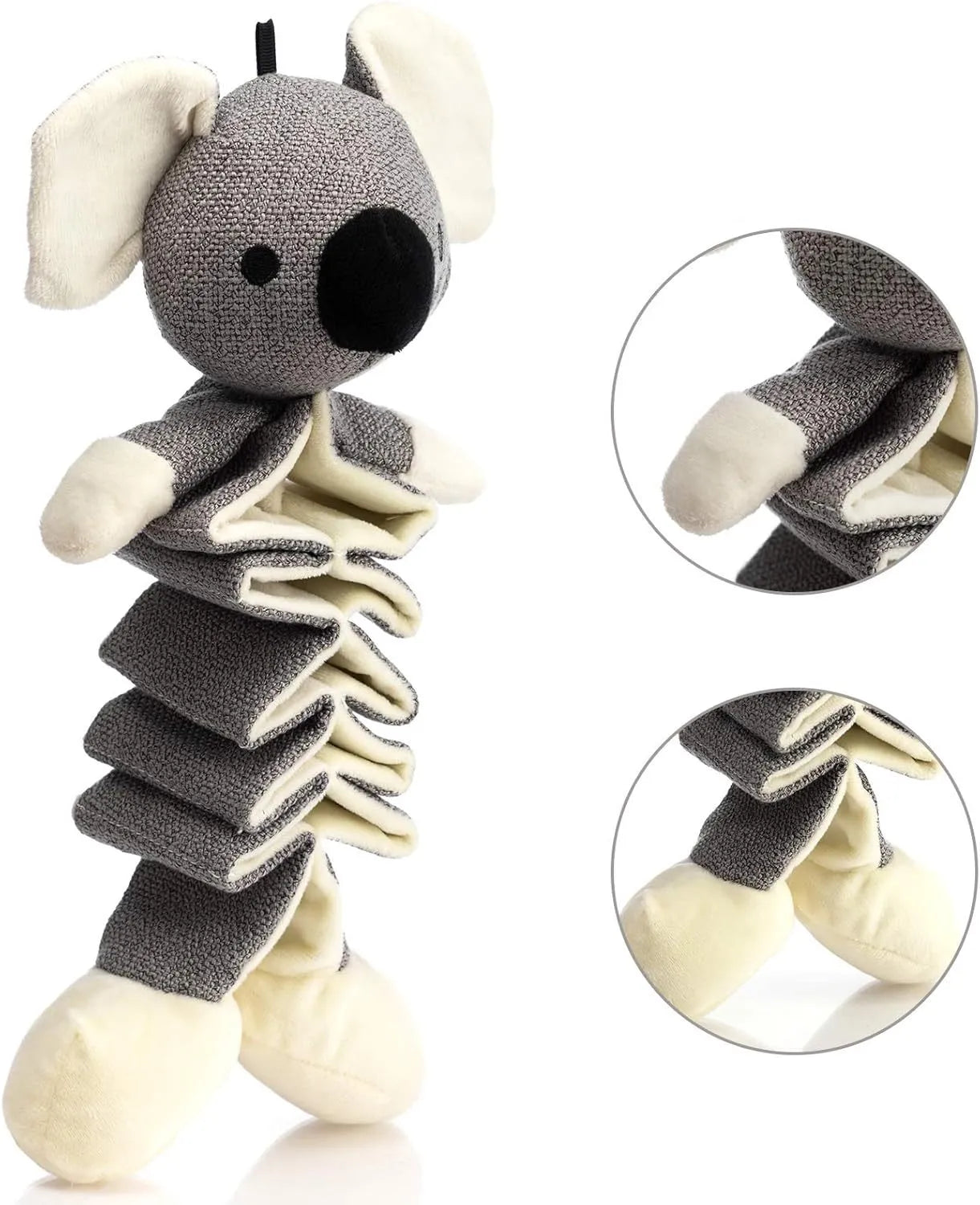 Gray koala-shaped dog chew toy measuring 30cm with durable cloth construction and crinkle paper inside