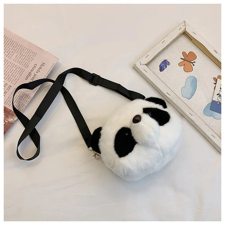 Plush panda head crossbody bag with cylindrical shape and sandwich pocket design