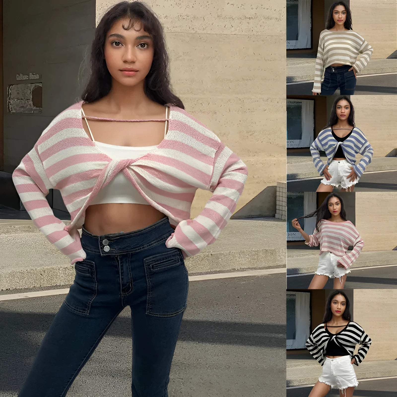 Black and white striped long-sleeved sweater worn as a pullover with an exposed navel style detail.