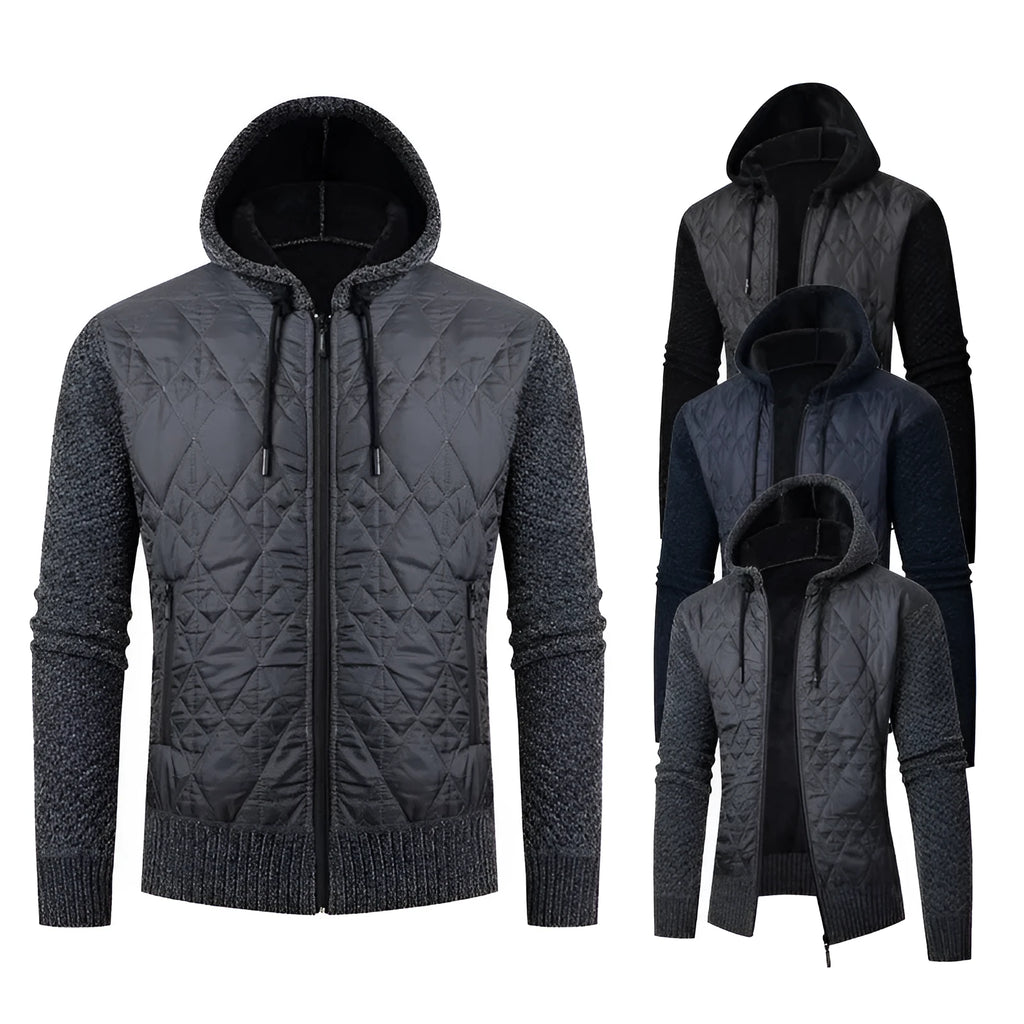Men's grey hooded corduroy sweater coat with a cinched waist, shown on a hanger.