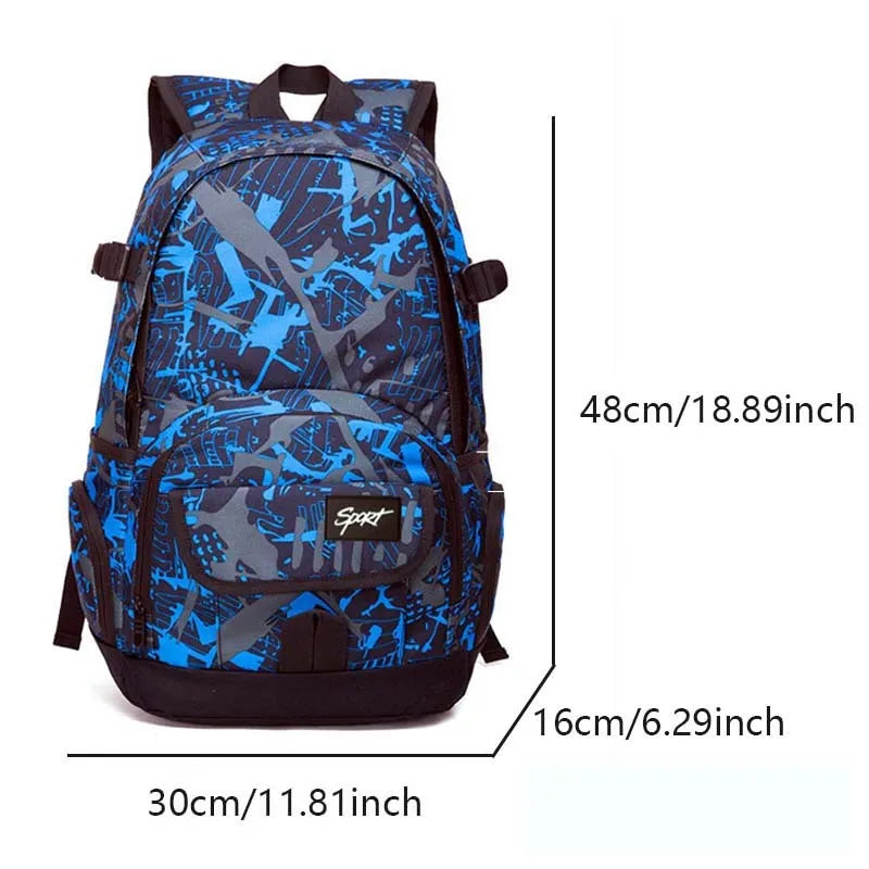 Classic blue and red nylon backpack with large capacity and padded straps.