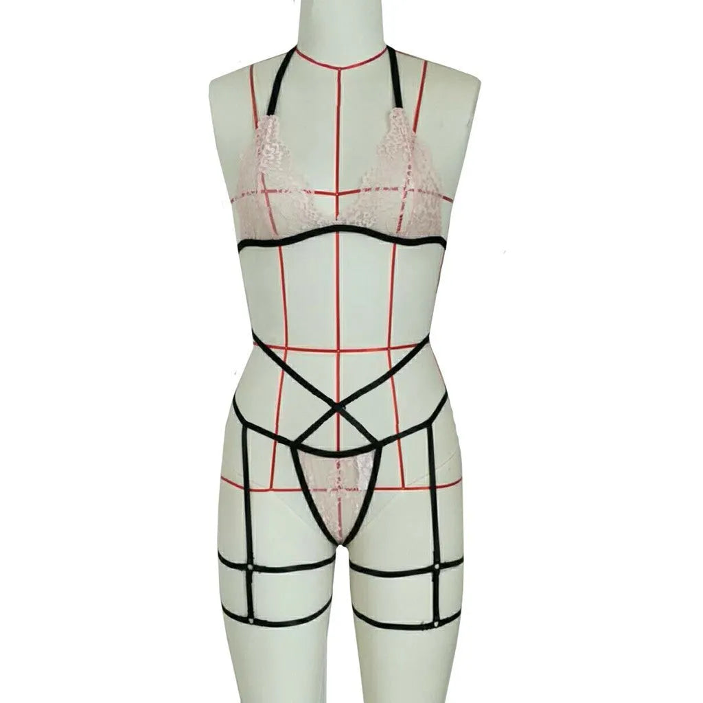 Pink lace hollow three-point lingerie set with leg straps on a model