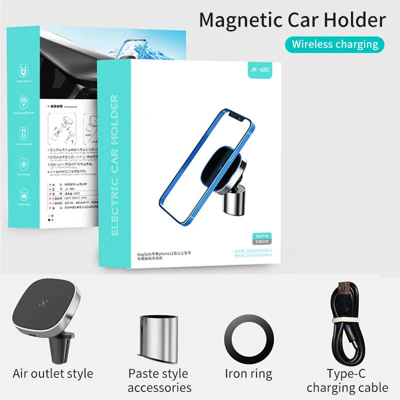 Magnetic wireless car phone holder for iPhone 12 series, Qi charging, Type-C, Grey or Silver, air vent or dashboard mount