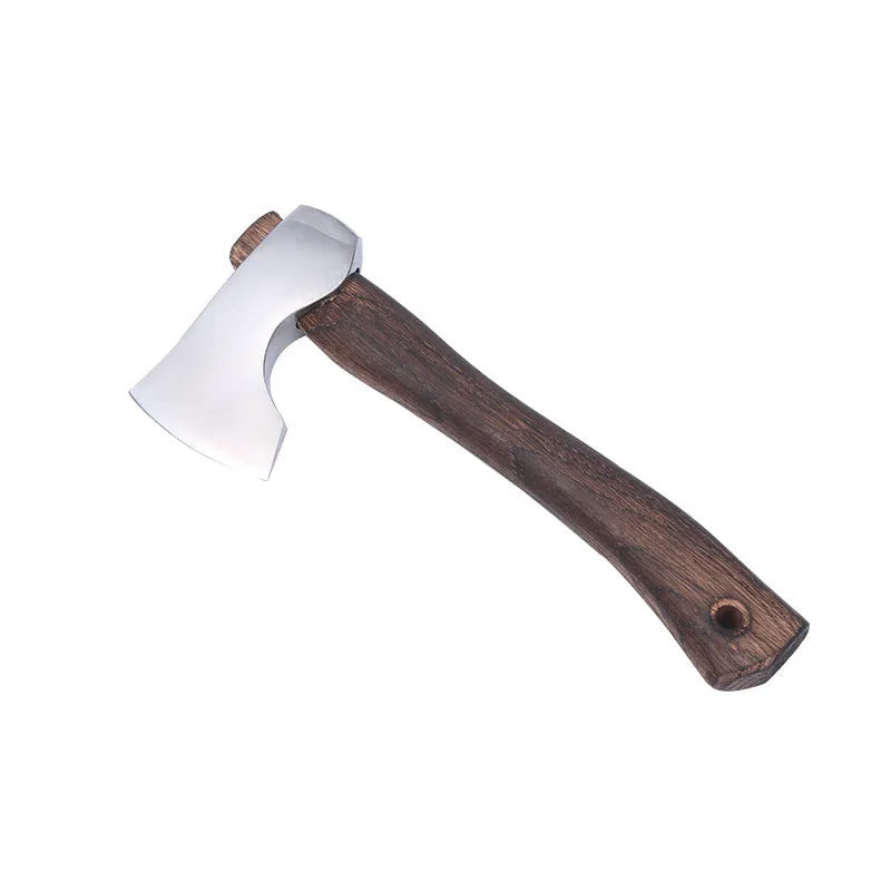 Camping axe with wooden handle and high carbon steel head showing dimensions