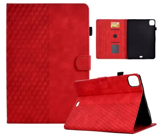 iPad Pro 11 leather case with diamond frosted texture showing card slots and adjustable stand mechanism