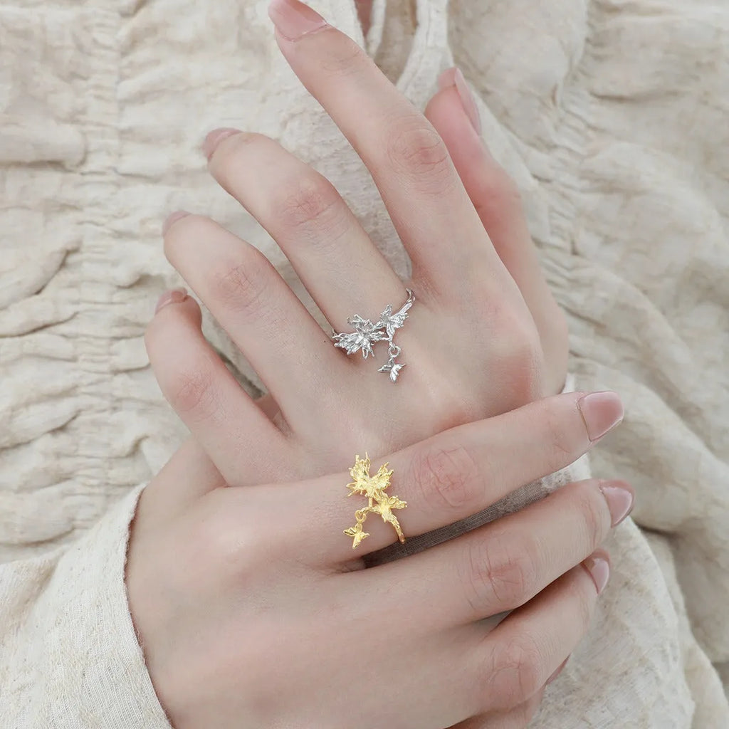 Silver butterfly ring with adjustable opening in white gold or 18K gold electroplated finish