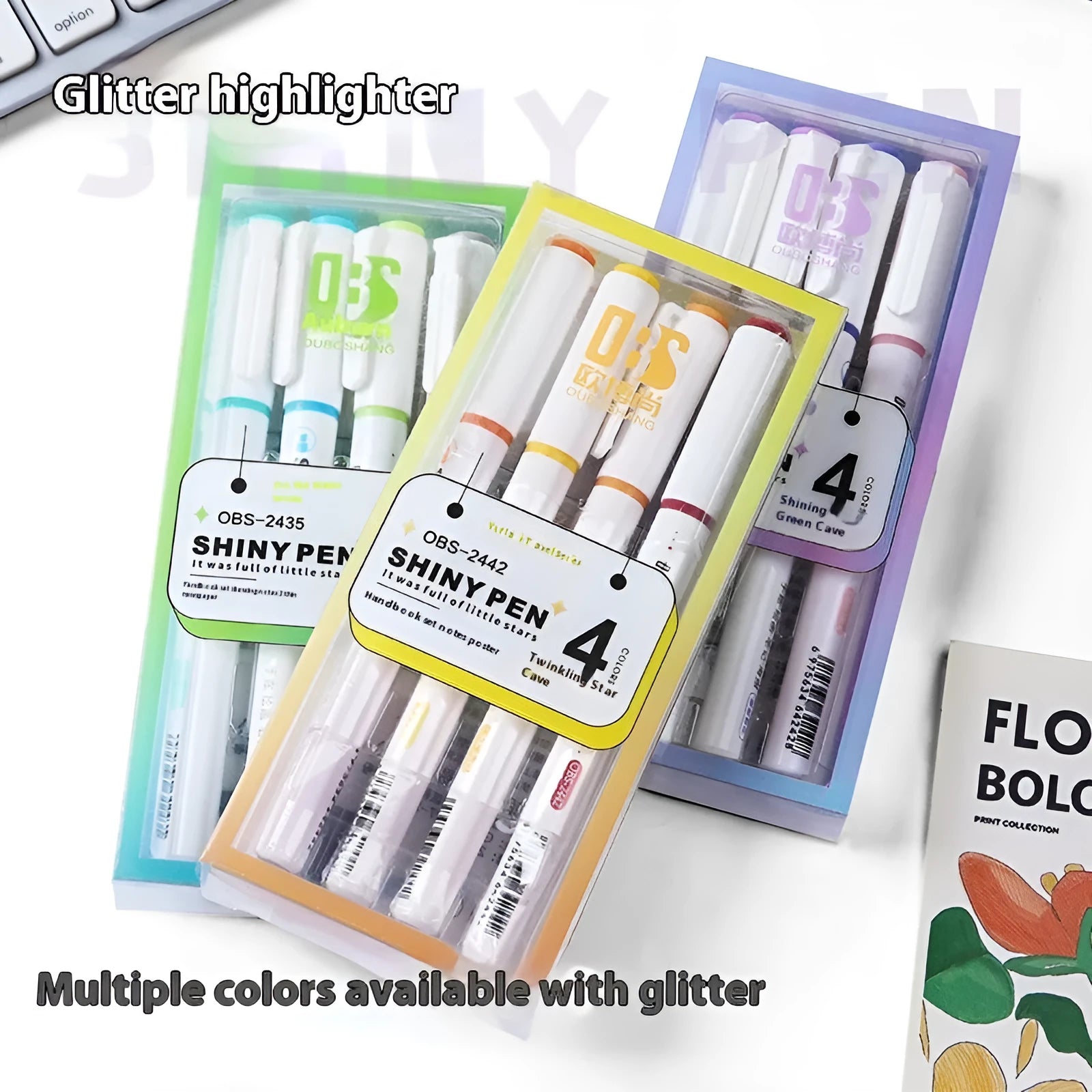 Four glitter fluorescent highlighter pens with slanted tips in six glitter ink colours