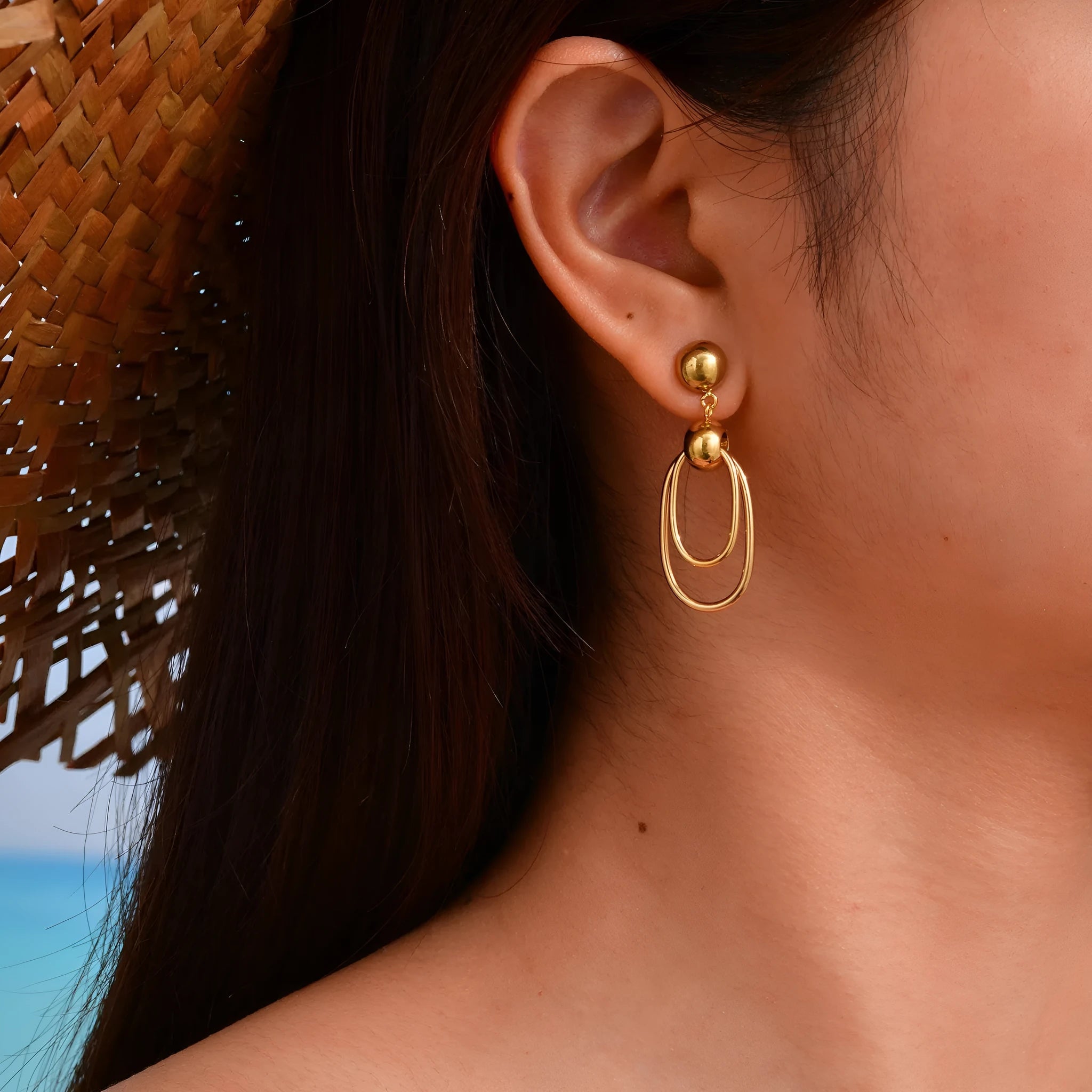 Women's gold vintage geometric earrings stainless steel oval coils round beads electroplated finish