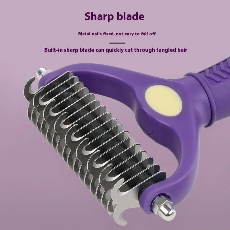 Purple double-sided plastic pet comb for dogs and cats used for knot untying and grooming