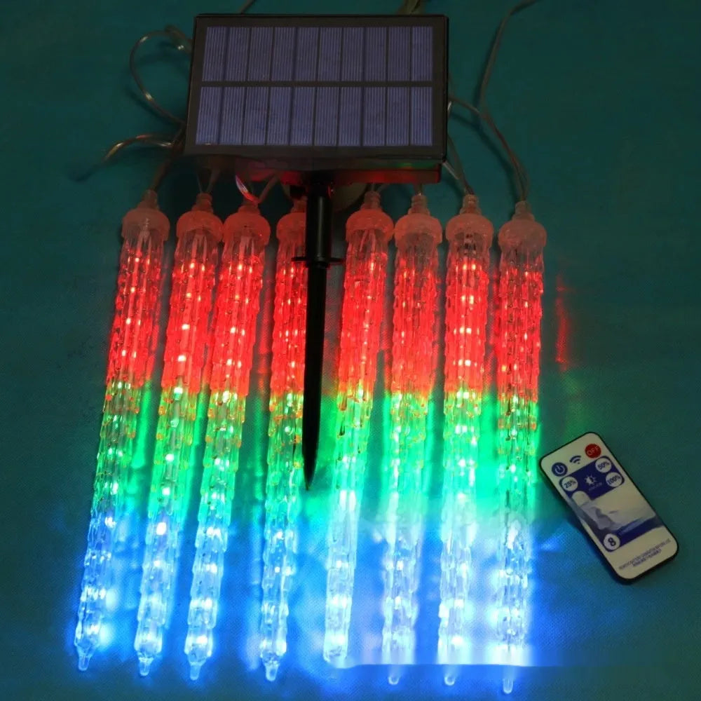 LED ice cone shaped meteor shower solar ornamental lamp with blue lights on bracket
