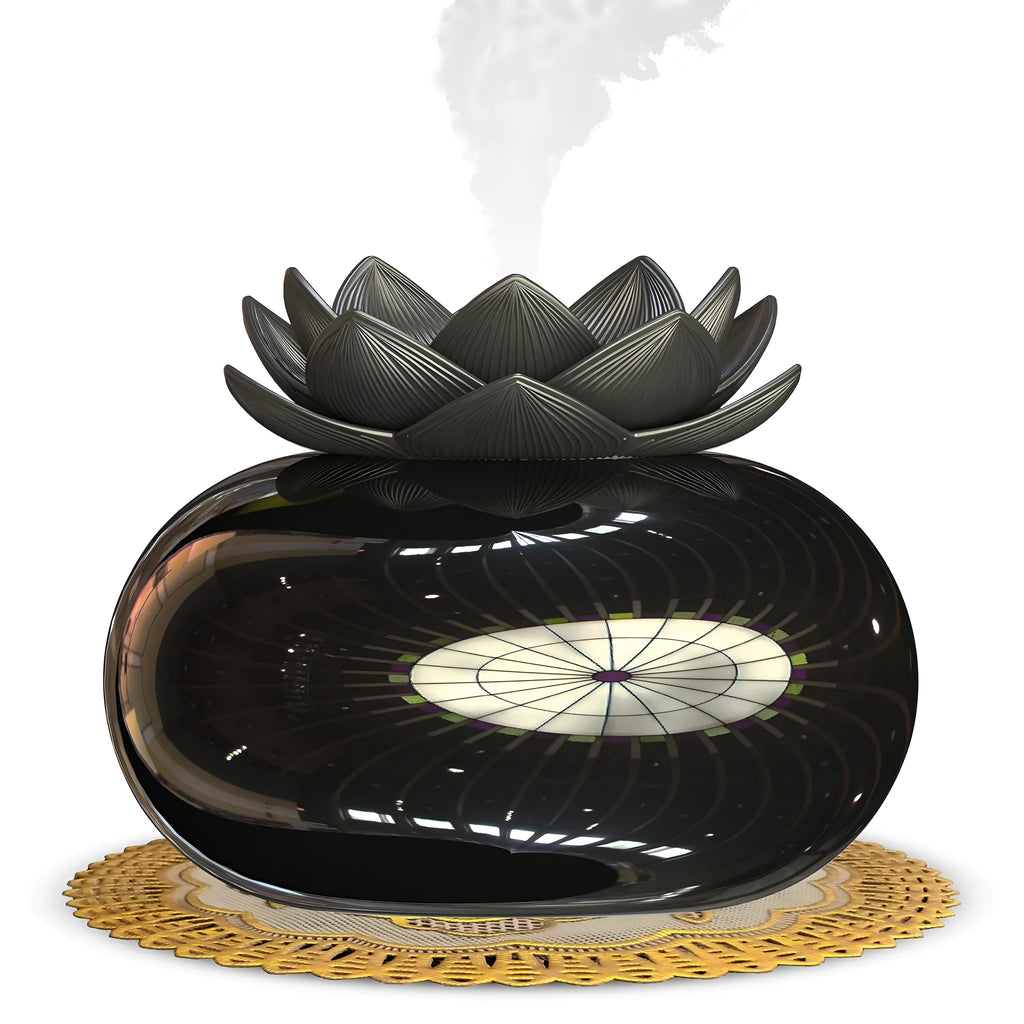 Pure black Lotus ultrasonic aromatherapy humidifier with USB connection and round design