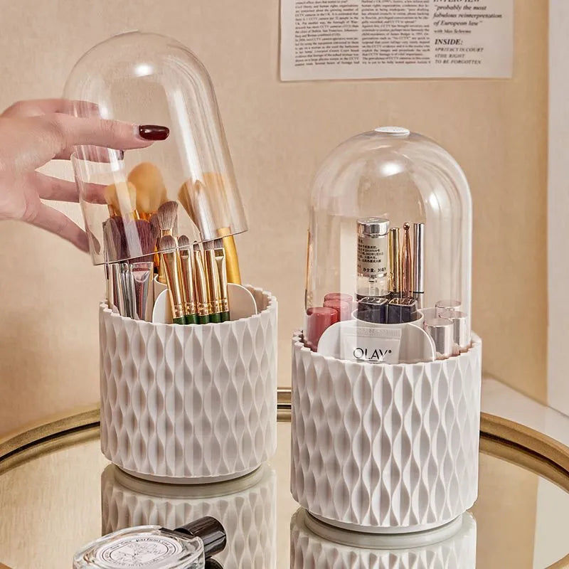 White acrylic rotating makeup brush storage holder with transparent lid and split compartments