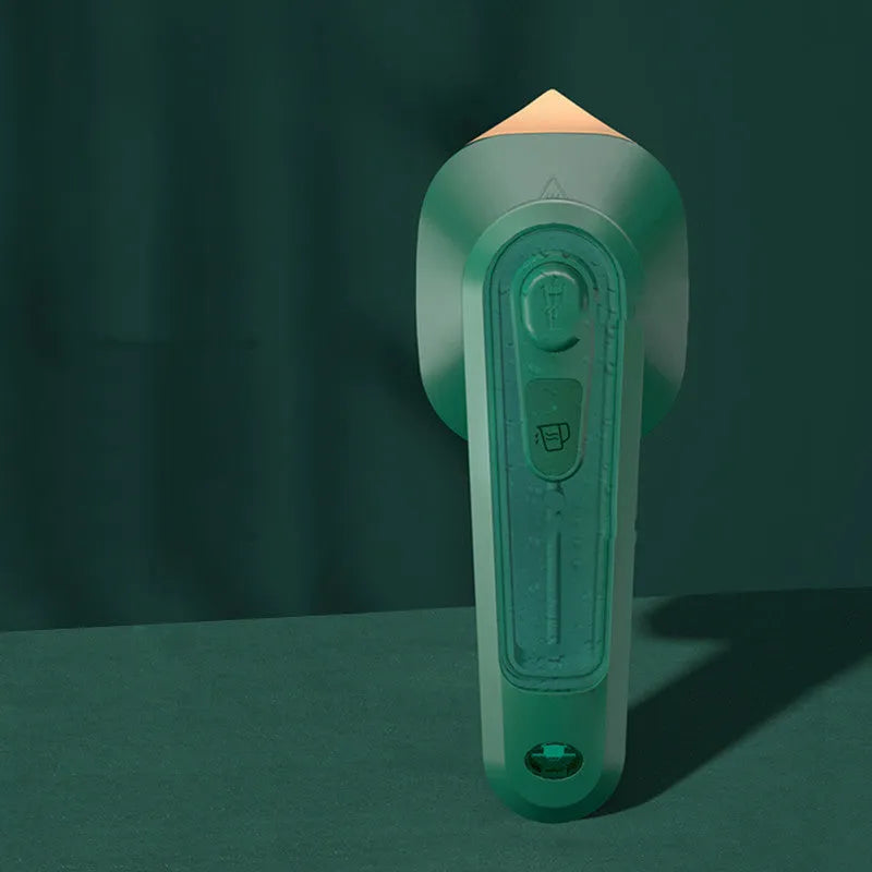 Dark green handheld garment ironing machine with titanium panel and mini steam design for travel and home use.