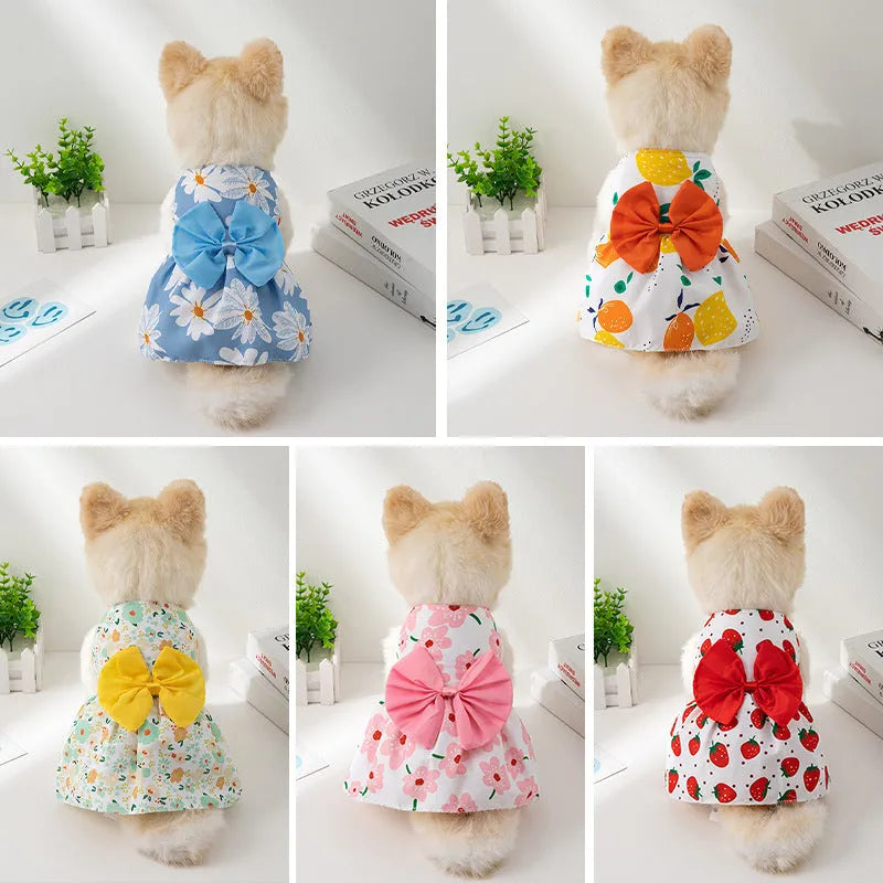 Floral butterfly knot polyester pet dress for dog or cat in blue bow colour