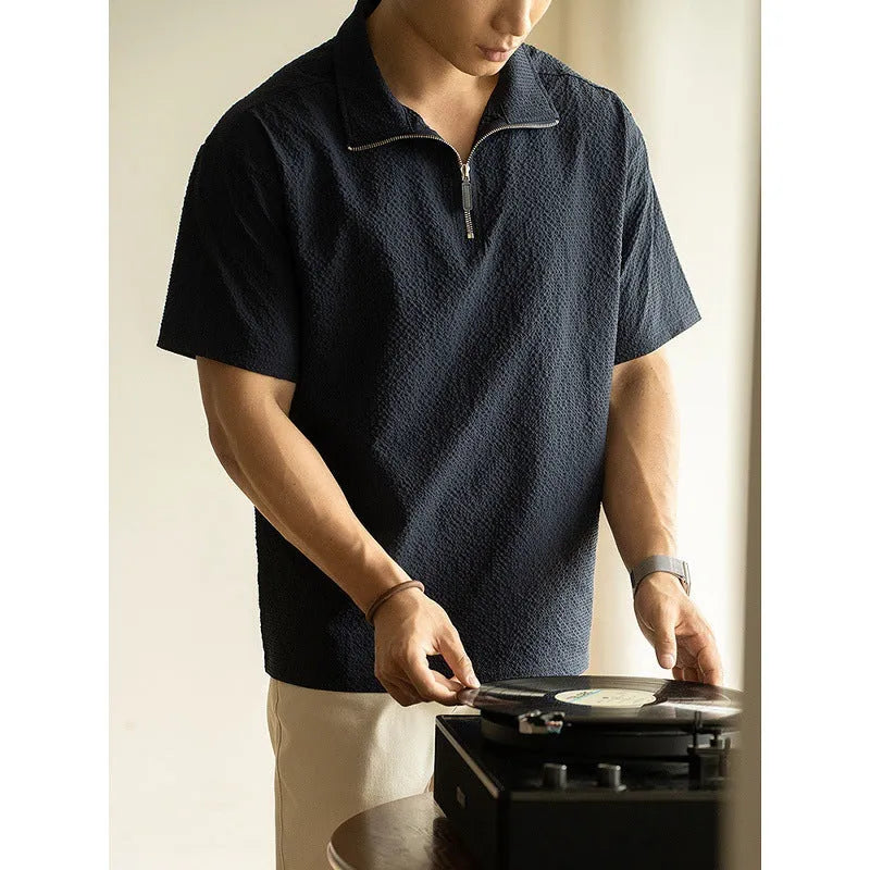 Men's cedar green loose fit short sleeve polo shirt made from quick-dry polyester fabric