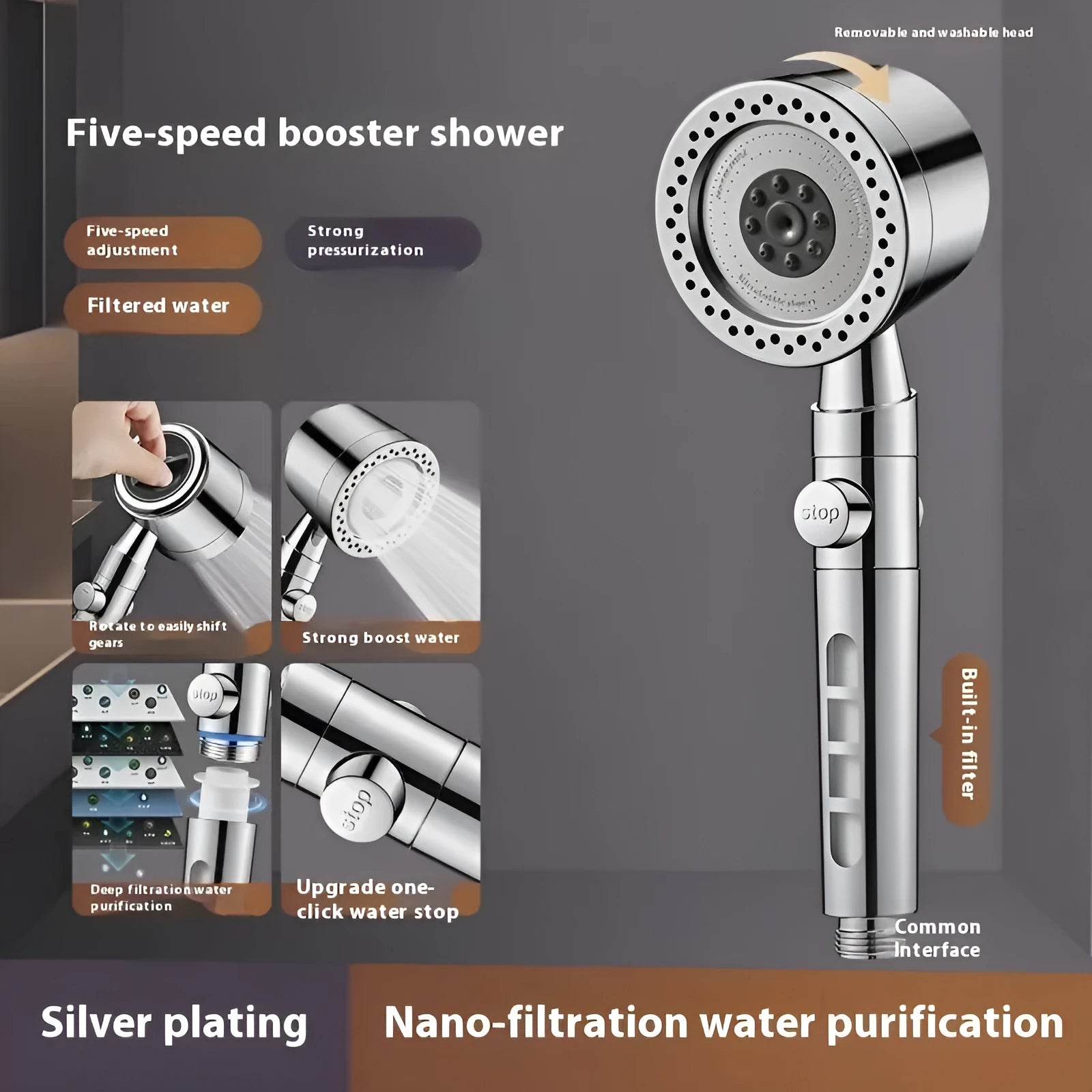Silver chrome-plated portable shower head with multiple spray mode settings.