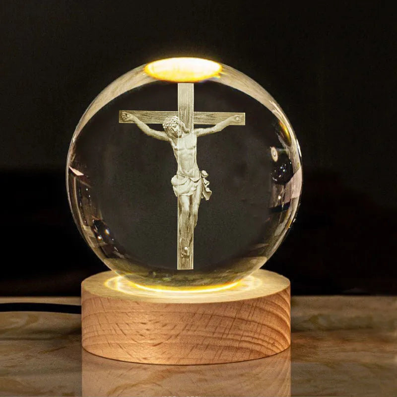 White crystal ball desk ornament with solid wood warm light base showing purity designs