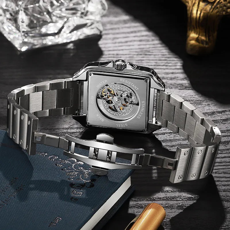 Men's square automatic watch with diamond-studded design on stainless steel case