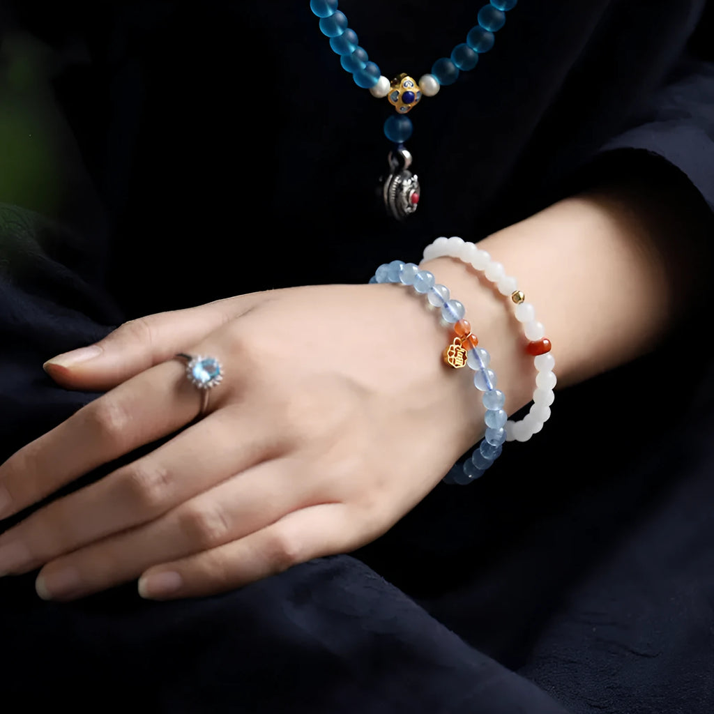 Ice translucent crystal bracelet with 8mm round beads and blessing card charm