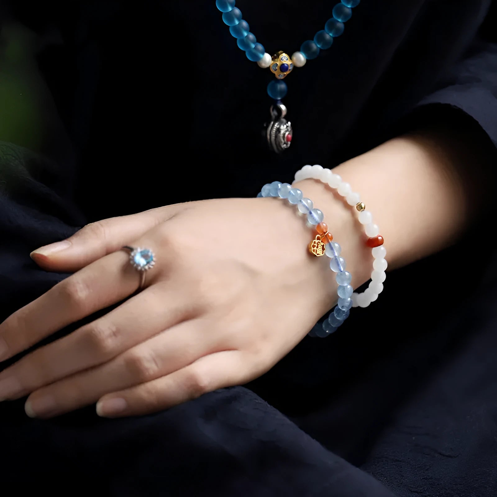 Ice translucent crystal bracelet with 8mm round beads and blessing card charm