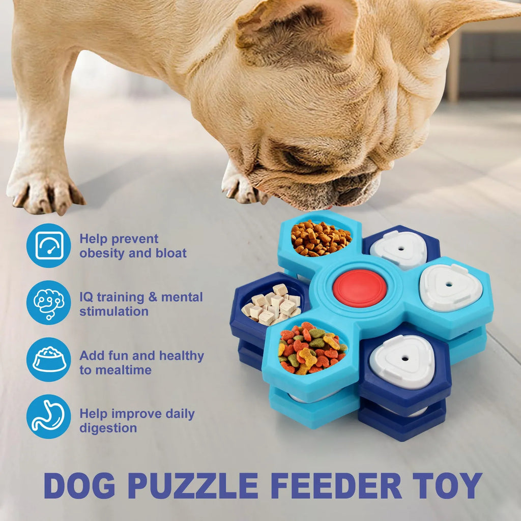 Blue plastic 4-layer slow feeder puzzle dog bowl with non-slip base assembly