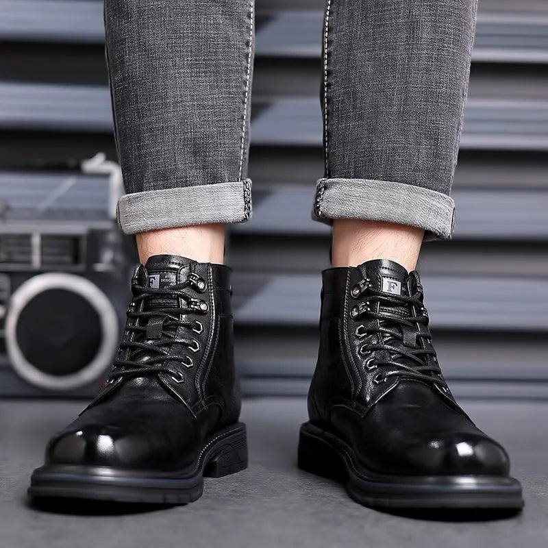 Black or brown patent leather ankle boots with low square heel, rubber sole and high cylinder sock length, sizes 38-44