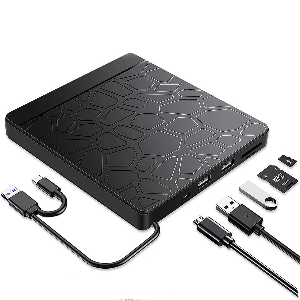 Black 5-in-1 external optical drive with dual interface, 15.4x14.3x1.8cm, for laptop and desktop CD DVD reading and recording