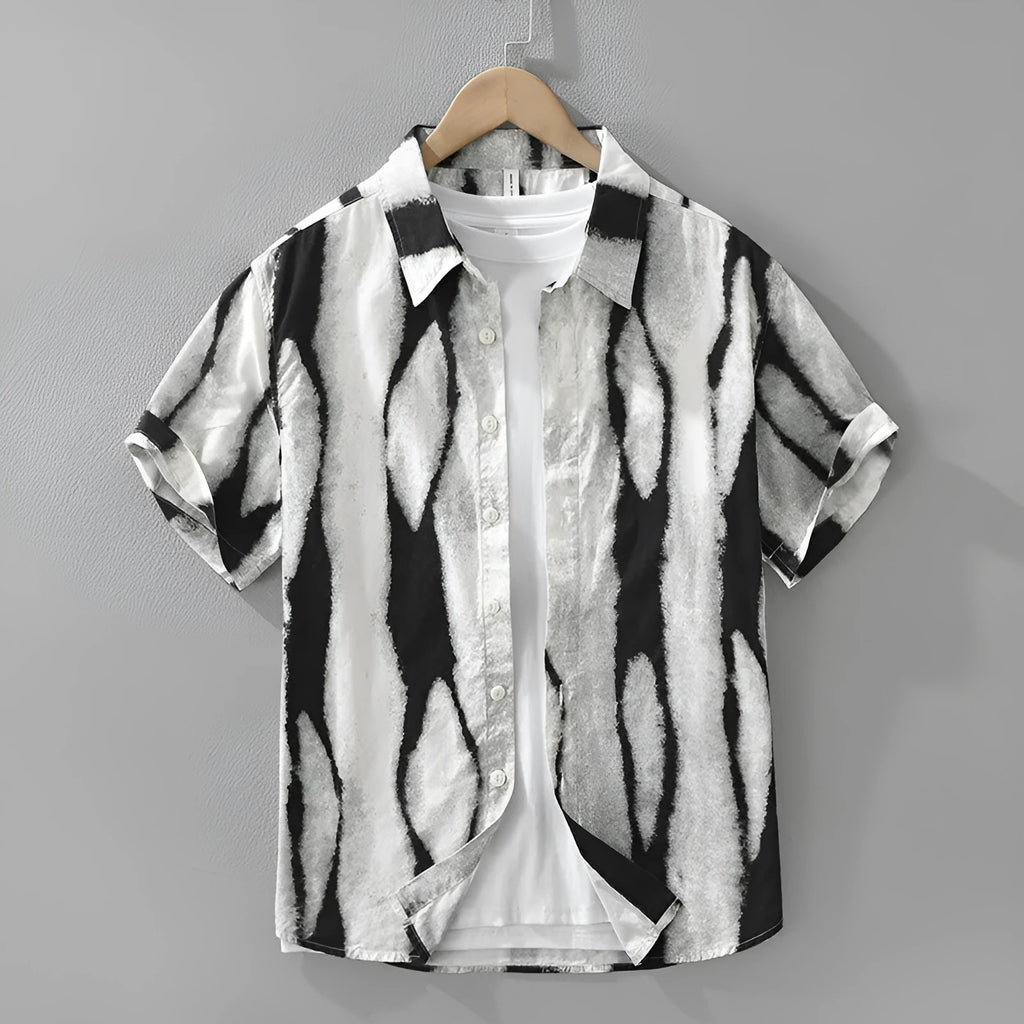 Men's black retro striped cotton short sleeve shirt with loose cardigan fit