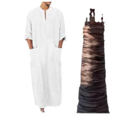 Men's loose bamboo linen robe in colour matching pattern, classic Arabic long style, sizes S to XXXL
