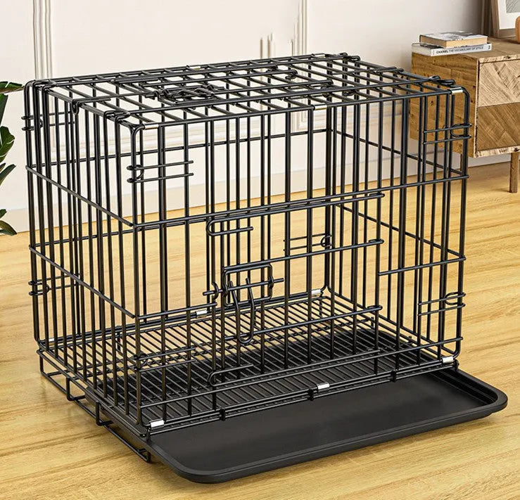 Folding iron wire pet cage in black, blue, or pink, available in five sizes from 35x25x33cm to 85x60x70cm