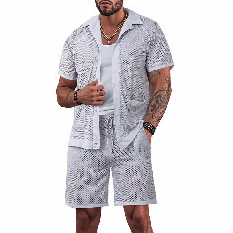 Lightweight beach cover-up cardigan and shorts set in see-through fabric for summer leisure wear