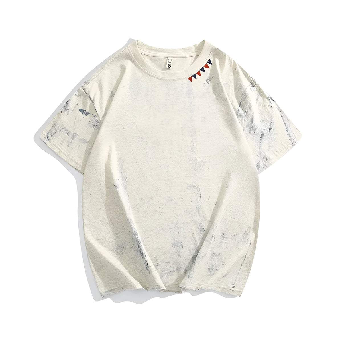 Gray tie dye T-shirt with all-over paint print design, loose fit with short sleeves and round neck