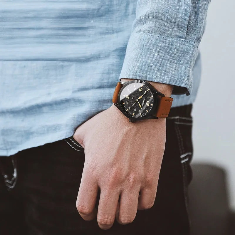 Men's automatic mechanical watch with black shell and business retro design showing 12mm thickness