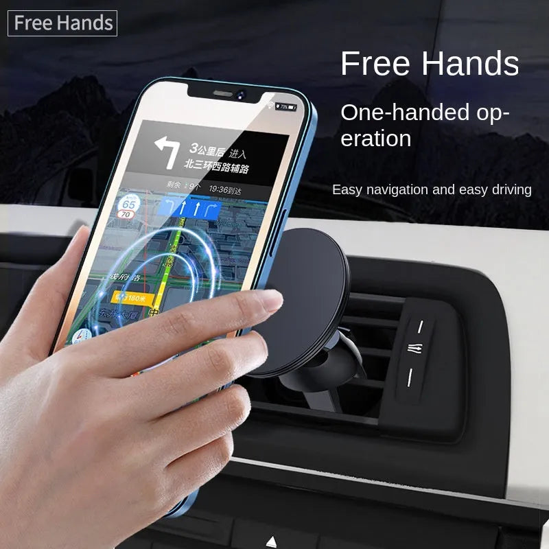 Black aluminium alloy magnetic car air vent phone holder mounted on a vehicle dashboard