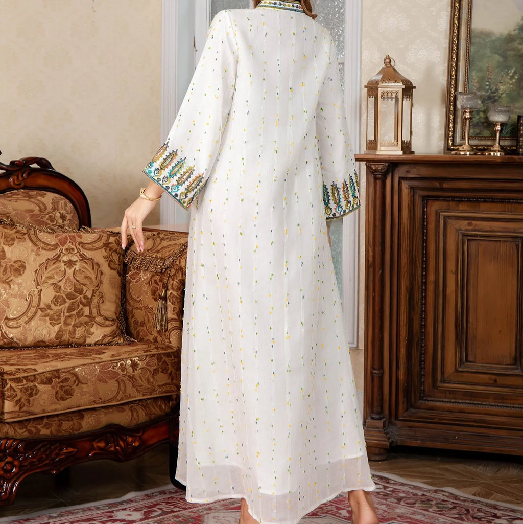 Women's white Arabic robe dress with long sleeves and floor-length skirt in polyester fabric