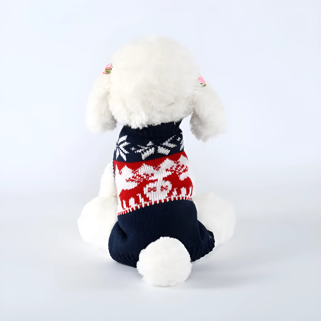 Navy blue knitted Christmas dog jumper on small to medium breed