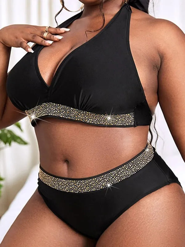 Black plus size women's bikini swimsuit showing bra and shorts components