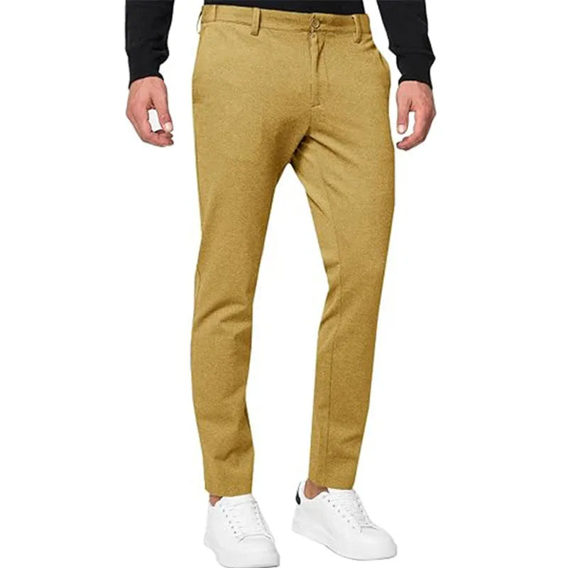 Men's slim-fit tapered chino trousers in Army Green colour showing pleated front detail