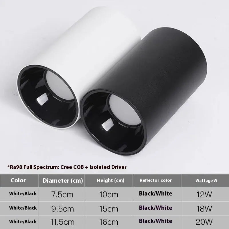 LED surface mounted spotlight in aluminium with anti-glare design, shown in all-black or white and black finish