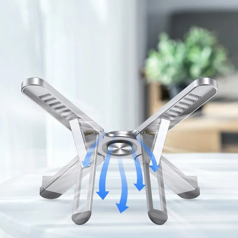 Foldable aluminium alloy laptop stand with 280mm base plate in silver or black, folded size 280 x 23.5 x 46.5mm.