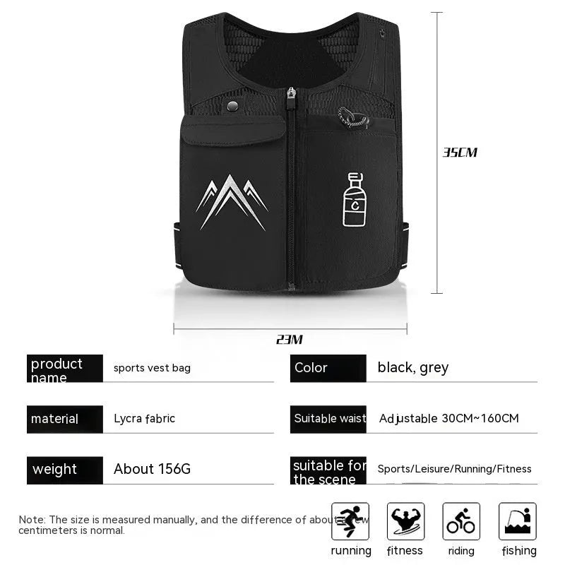 Breathable mesh running vest with integrated phone compartment showing front and back views