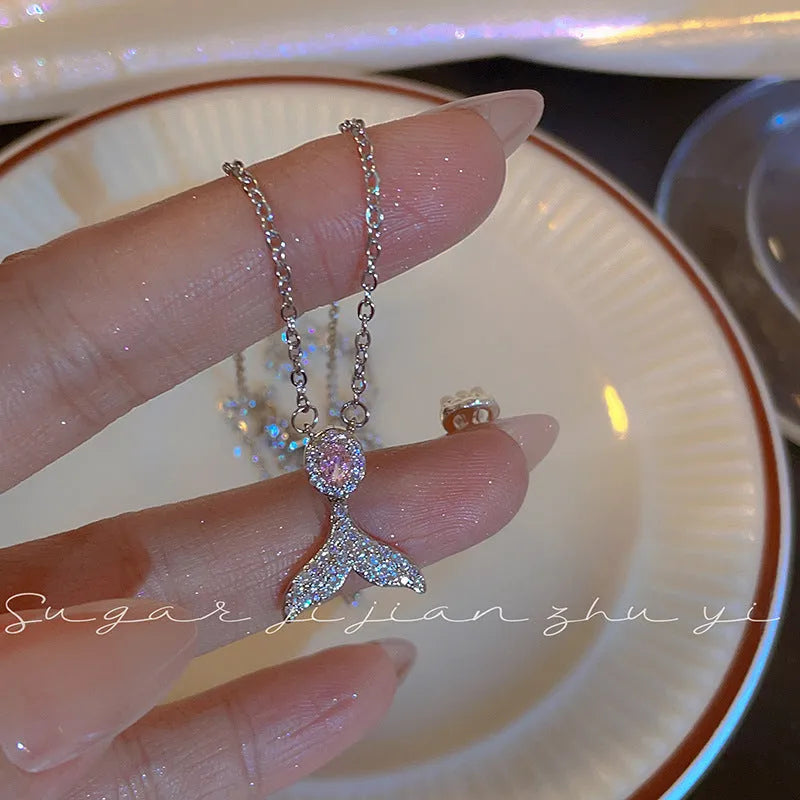 Women's S925 sterling silver necklace with fishtail pendant on O-ring chain, 41-50cm adjustable length