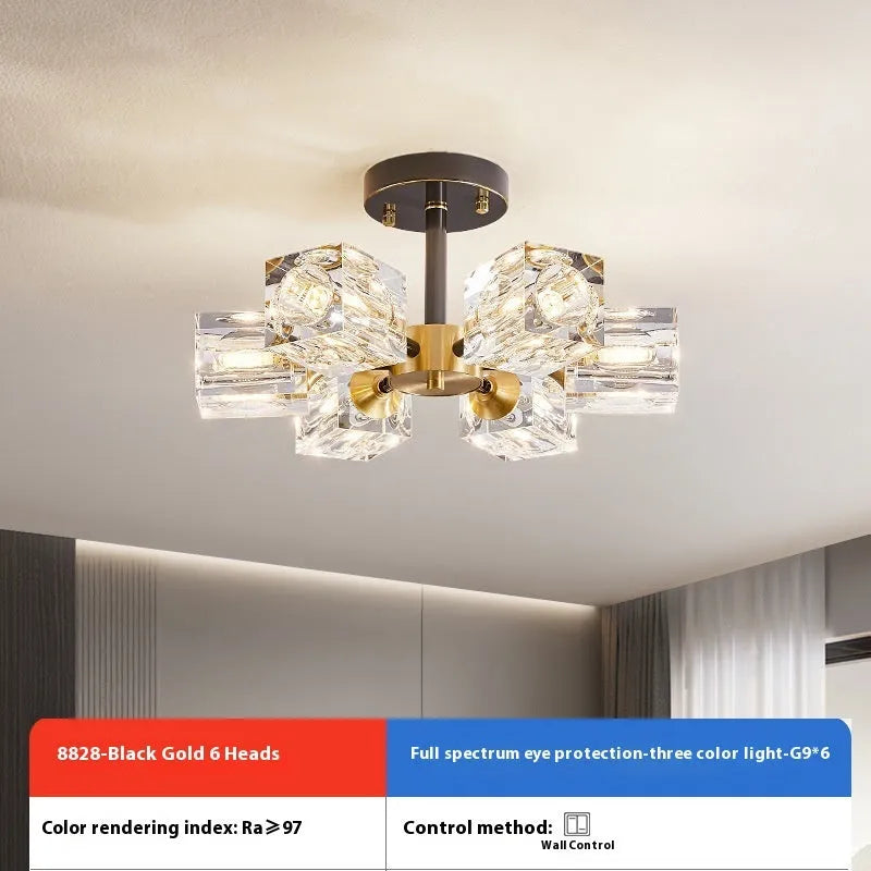 Six-head copper crystal ceiling lamp in black gold or copper finish, 110V, with full spectrum variable light