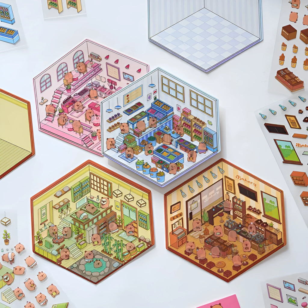 Capabala cartoon landscape 3D sticker sheet showing pre-cut self-adhesive shop scenes.