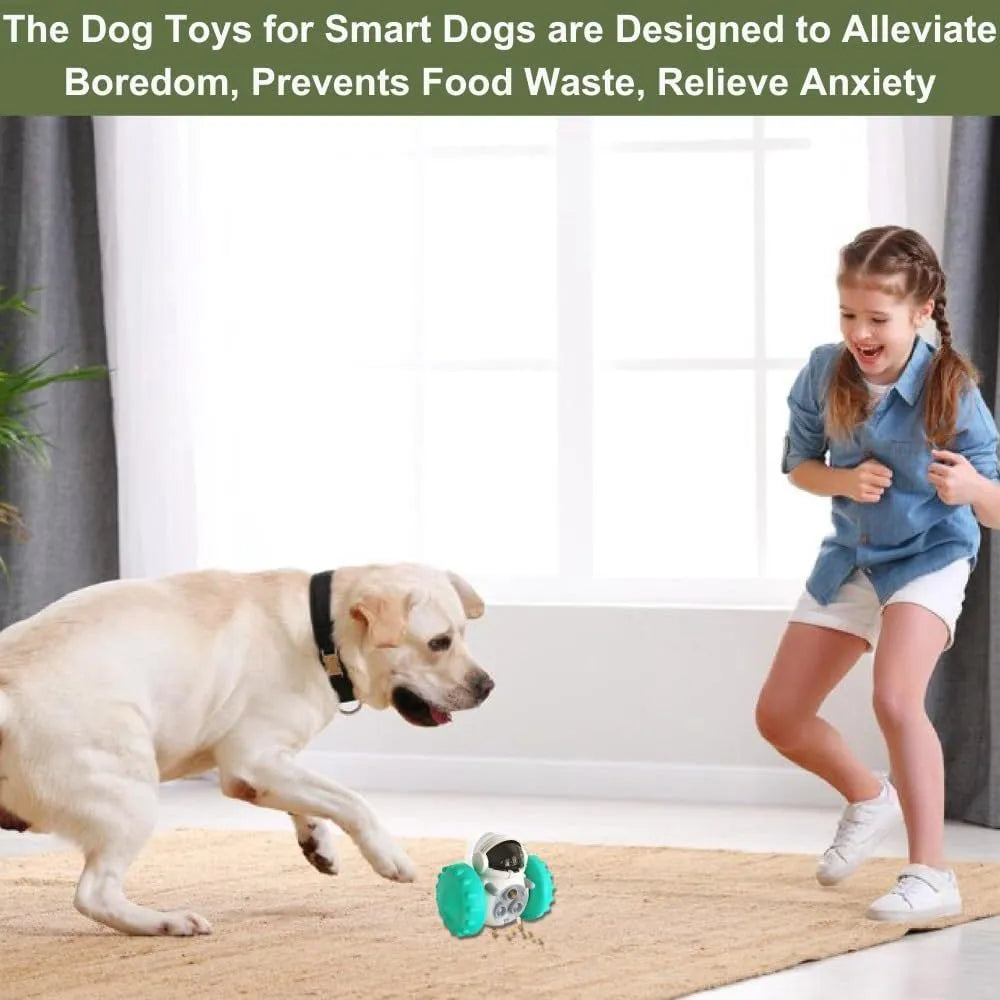 Robot-like self-balancing dog treat dispenser toy for small pets.