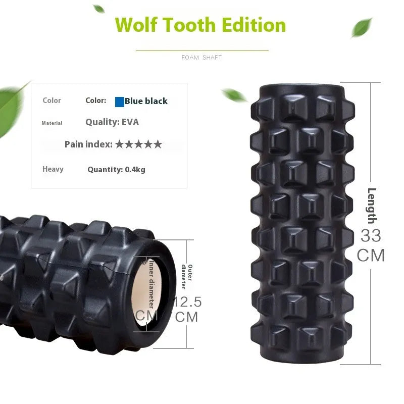 Black foam massage roller measuring 33cm with six separate massage pieces along shaft