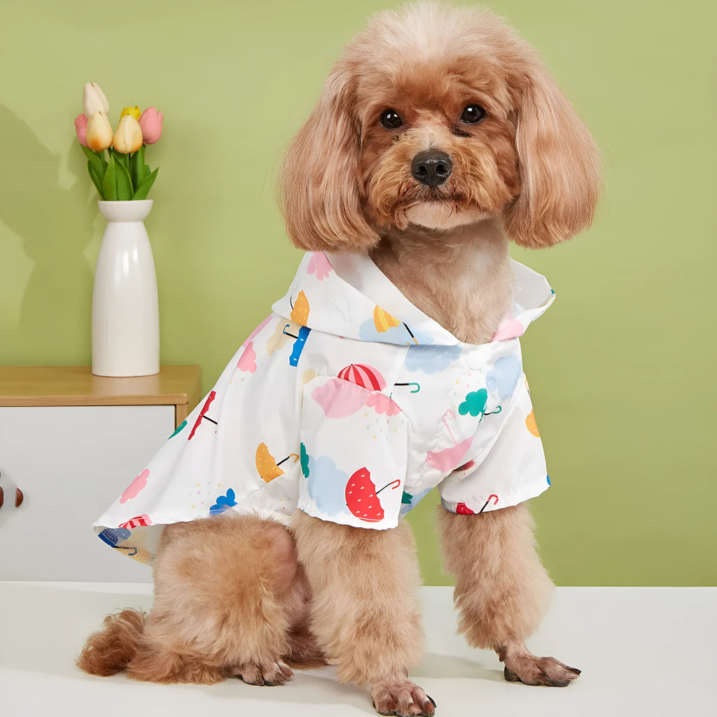 Cartoon umbrella pattern dog raincoat in colourful design with polyester construction