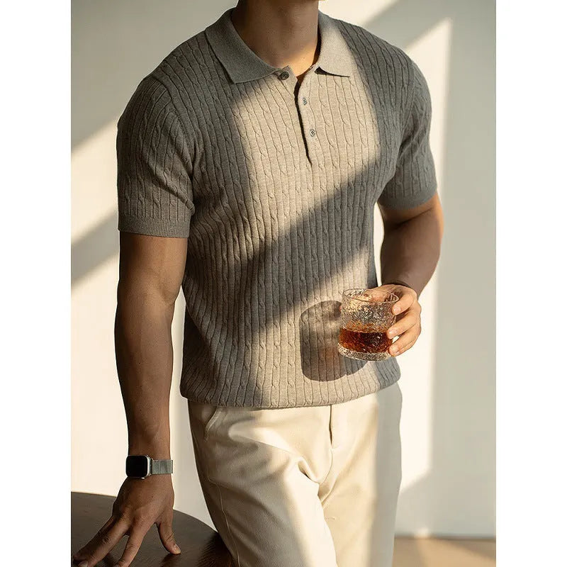 Men's short sleeve business top in khaki, black, and white with polyester wool blend fabric