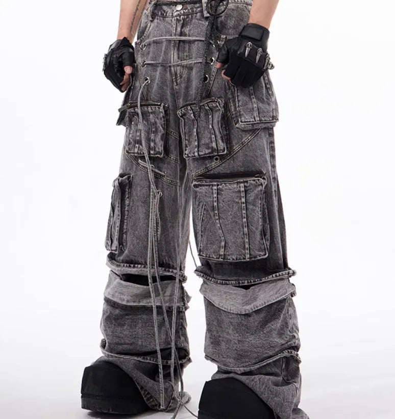 Grey distressed denim overalls with rope stitching detailing in American-style design