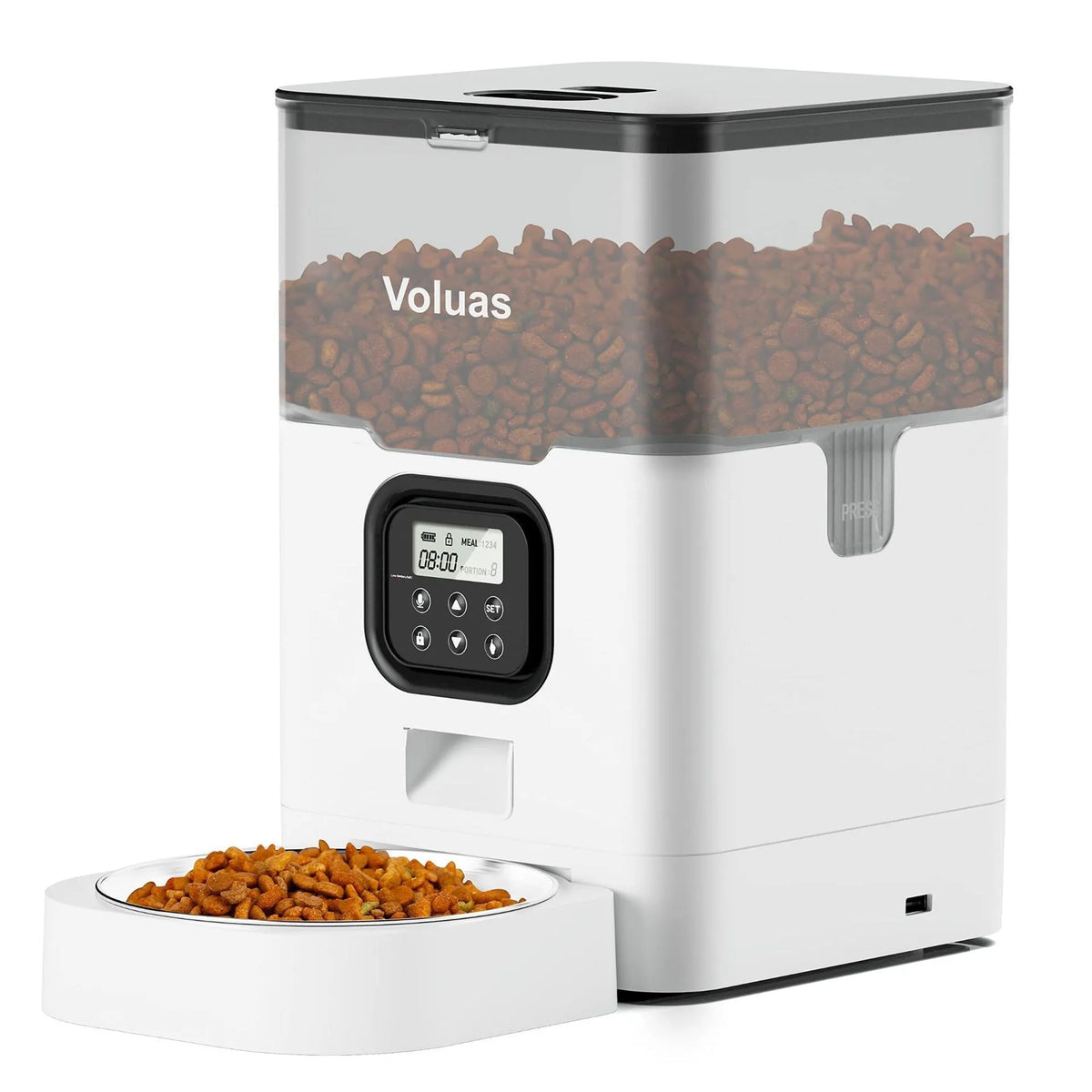 Automatic pet feeder in 4L or 6L capacity with stainless steel food plate, desiccant box, and dual power supply